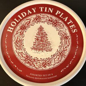 Set of 4 Restoration Hardware 2003 Christmas  Enamel Tin Plates In Canister Red